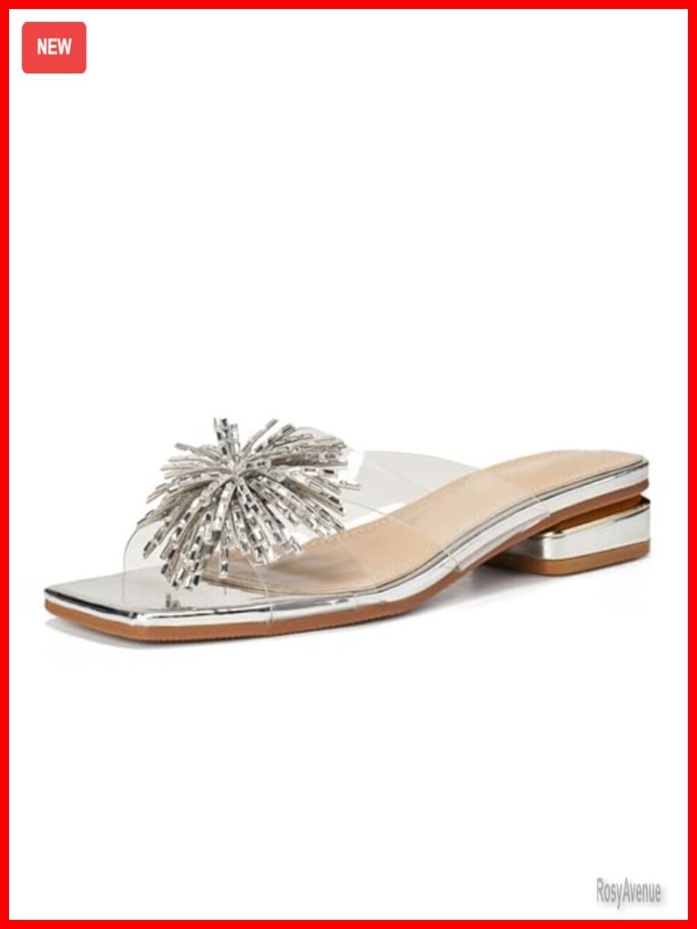 Clear PVC Rhinestone Tassel Slide Sandals Low Block Heel Square Toe Slip On
